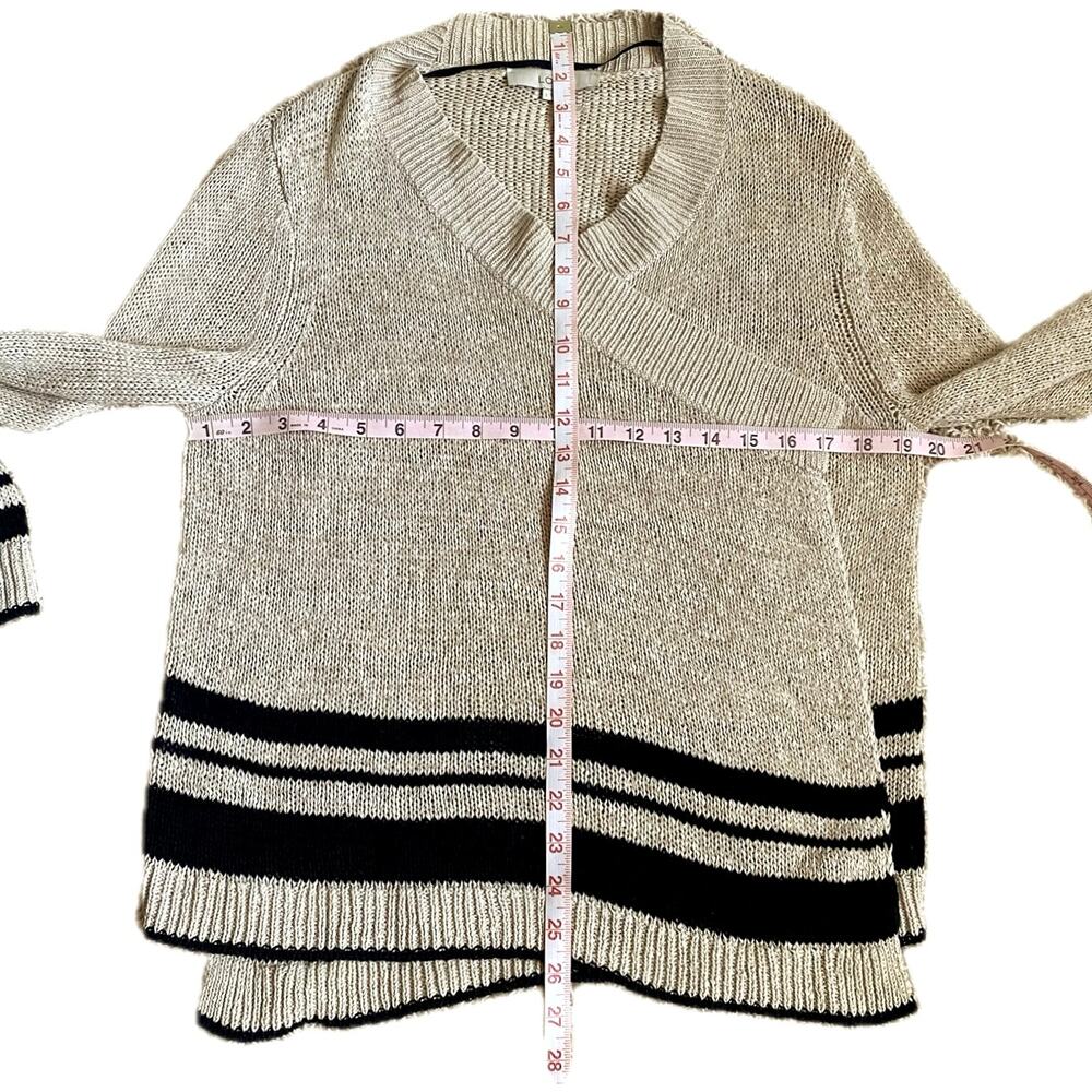 LOFT ANN TAYLOR Linen Blend Loose Knit Striped Open Cardigan Sweater L Tan Black - Picture 8 of 8